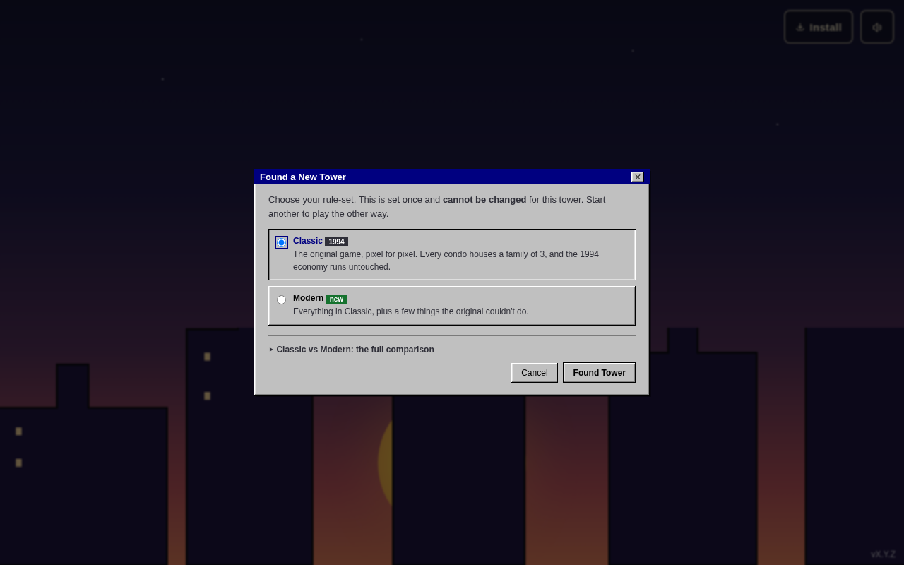 The New Tower dialog with the Classic rule-set selected