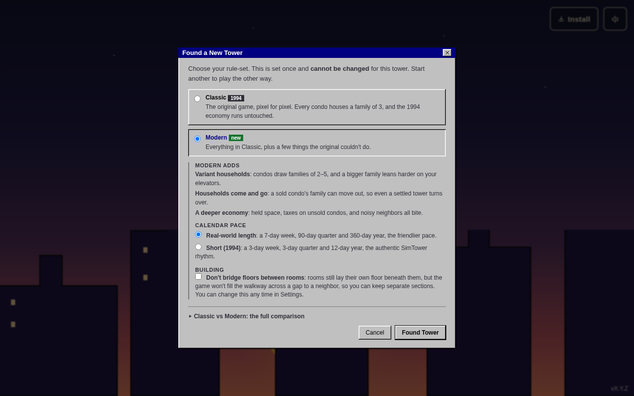 The New Tower dialog with the Modern rule-set selected