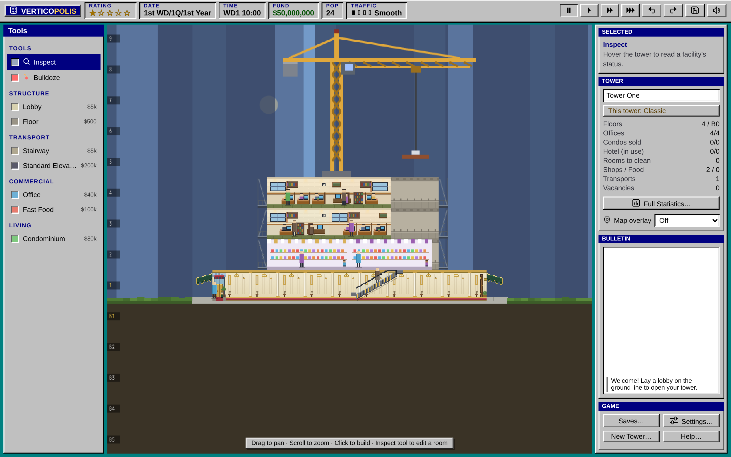 The same tower under Classic rules, with a single escalator on the shop floor only