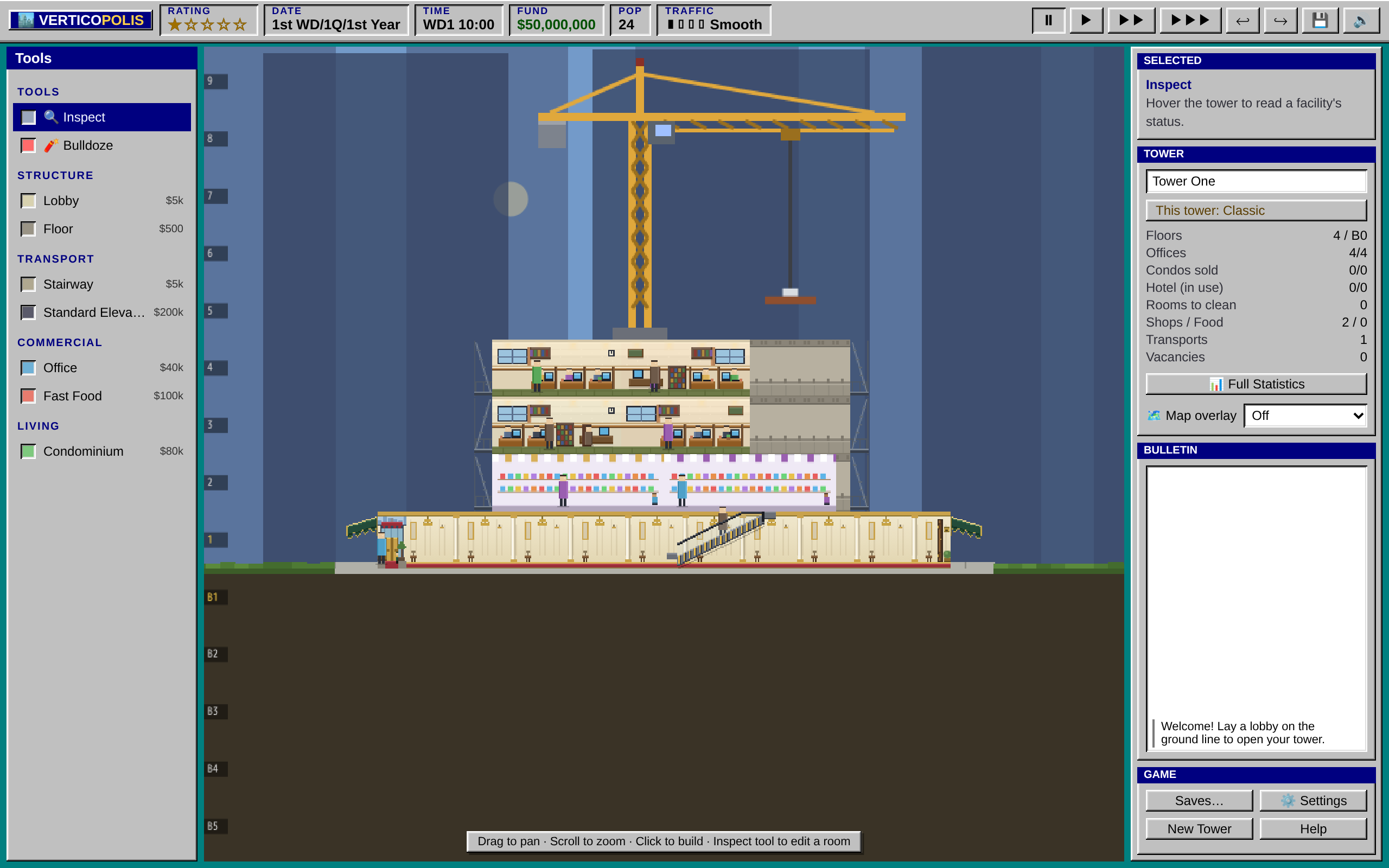 The same tower under Classic rules, with a single escalator on the shop floor only